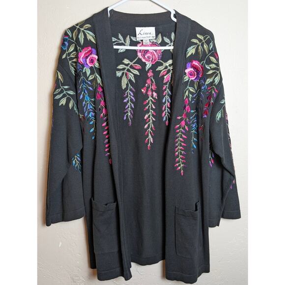 Linea Louis Dell' Olio Black Cardigan Sweater Medium Floral Embroidery Pockets - Picture 1 of 5